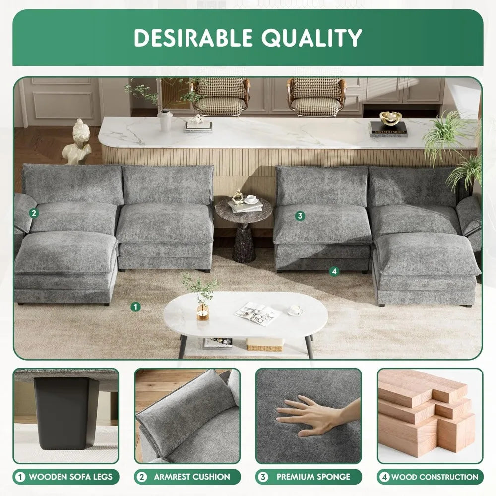 Modular Sectional Sofa U Shaped Chenille Couch Sleeper Removable Ottoman