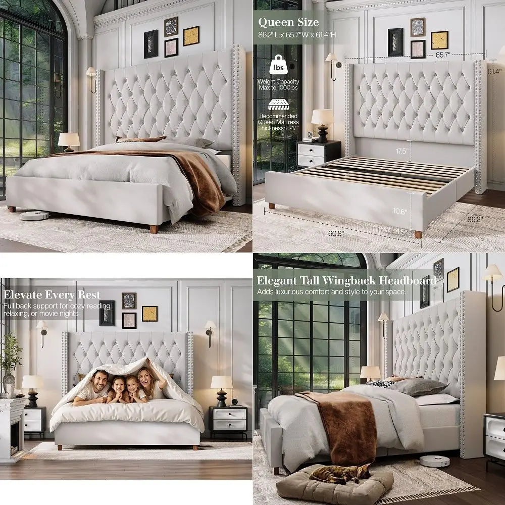 King Size Bed Frame with LED Lights and Charging Station Linen Upholstered Platform Bed Frame with 51.2 Tall Wingback Headboard