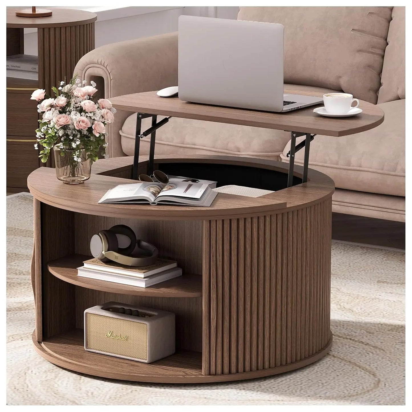 Round Coffee Table With Hidden Storage Walnut Wood Drum Table