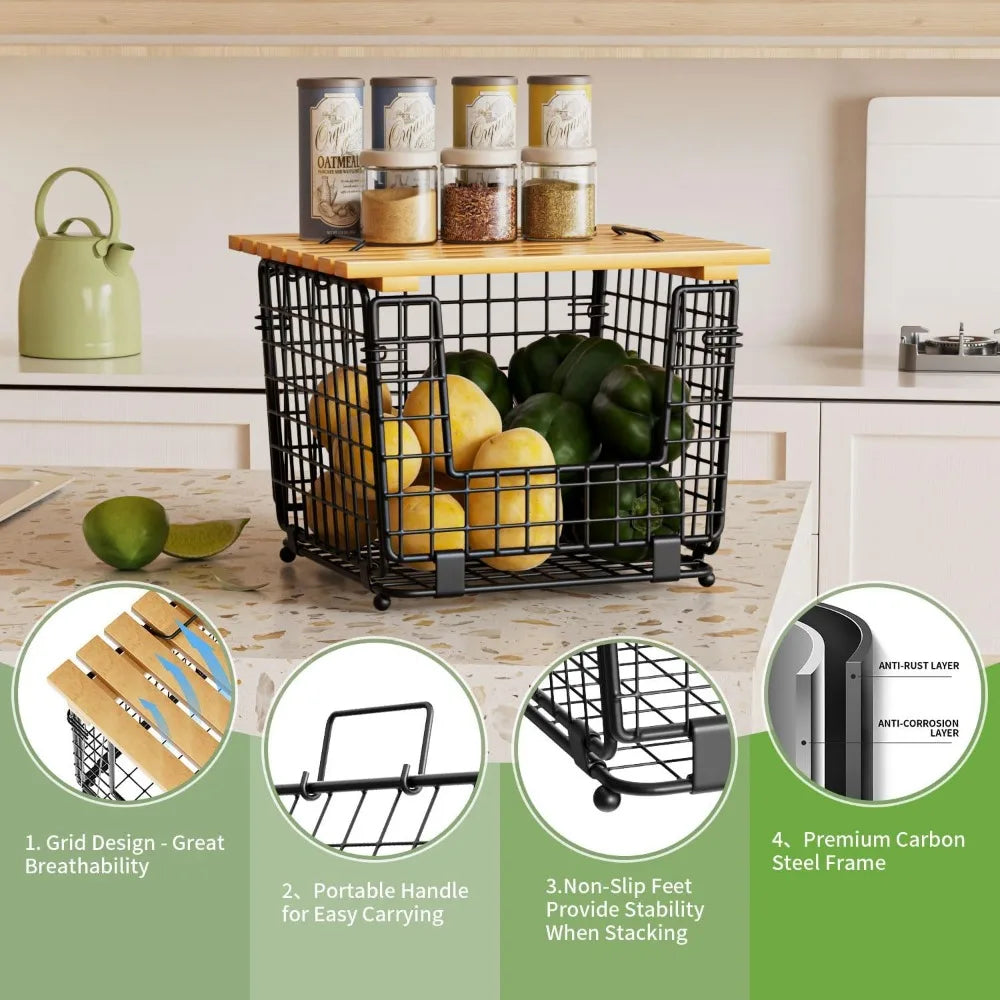 Wire Storage Basket Pantry Stackable Organizer For Produce