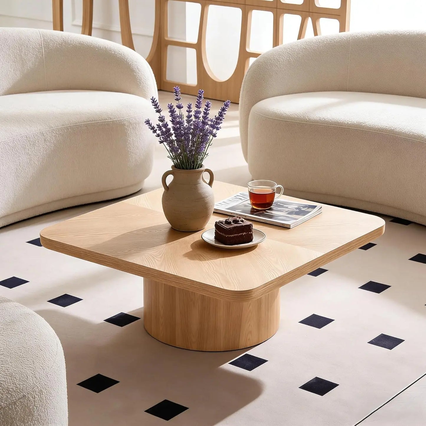 Wood Pedestal Coffee Table For Living Room Minimalist Modern Circle