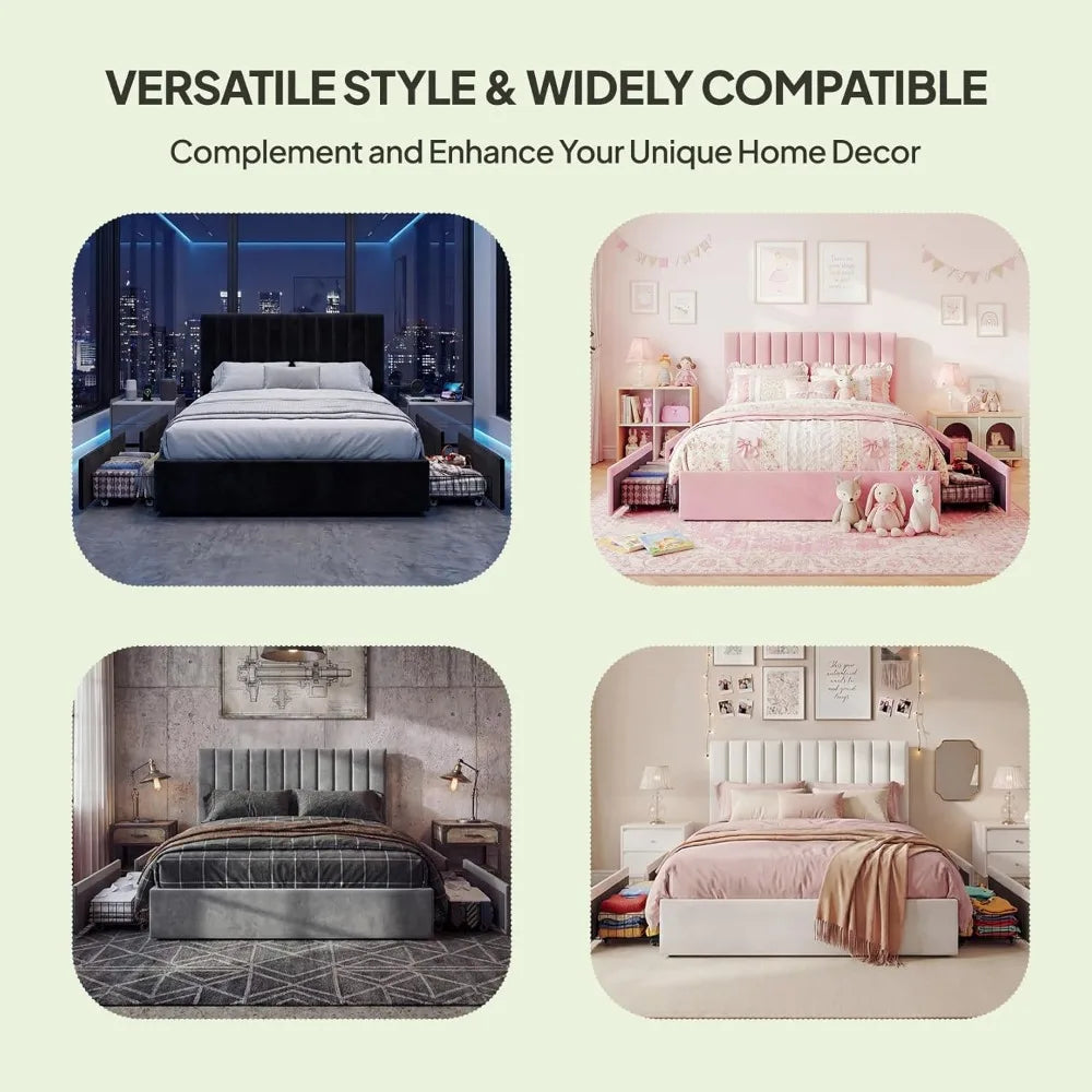 Velvet Bed Frame Queen Size 4 Drawers Storage, Upholstered Platform with Tufted Headboard, No Box Spring, Black