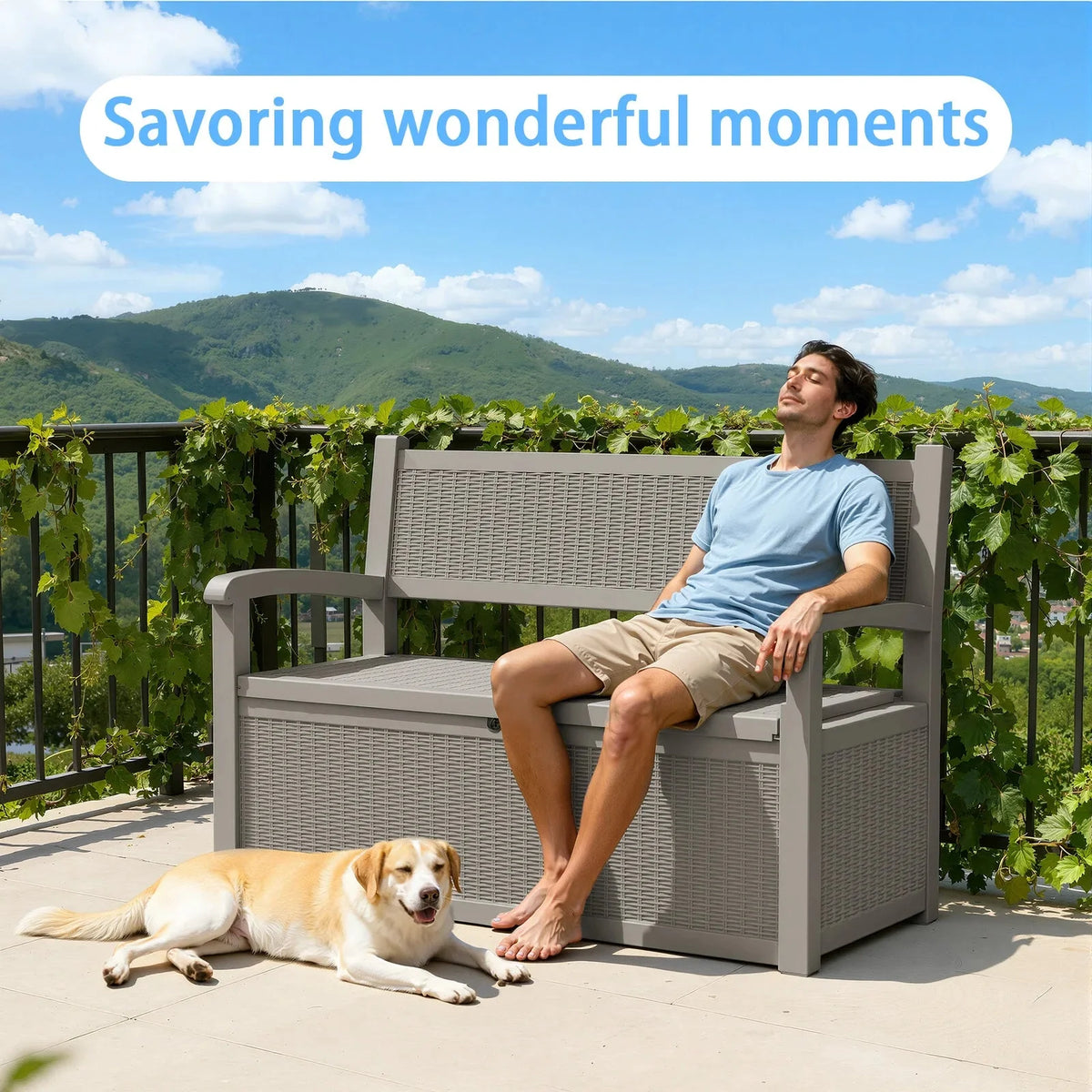 Outdoor Storage Bench with Rattan Look, Light Brown, Weatherproof Resin Patio Bench with Storage Box for Garden Backyard Poolside The Pet & Home Store