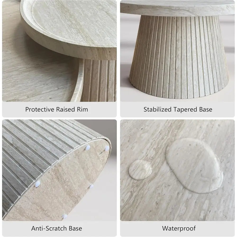 Nesting Coee Table Set o 2, ern luted Coee Table with aux Stone Veneer, Travertine Round Tea Table