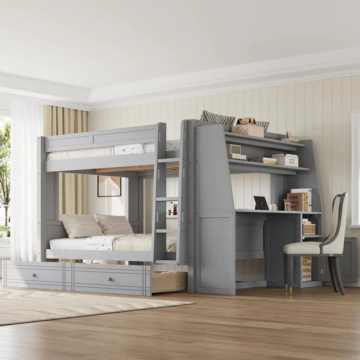 Full Over Full Multifunctional Bunk Bed with Desk and Bookshelves, Drawers, Space-Saving Wooden Bunk Bed for Kids &, Customized