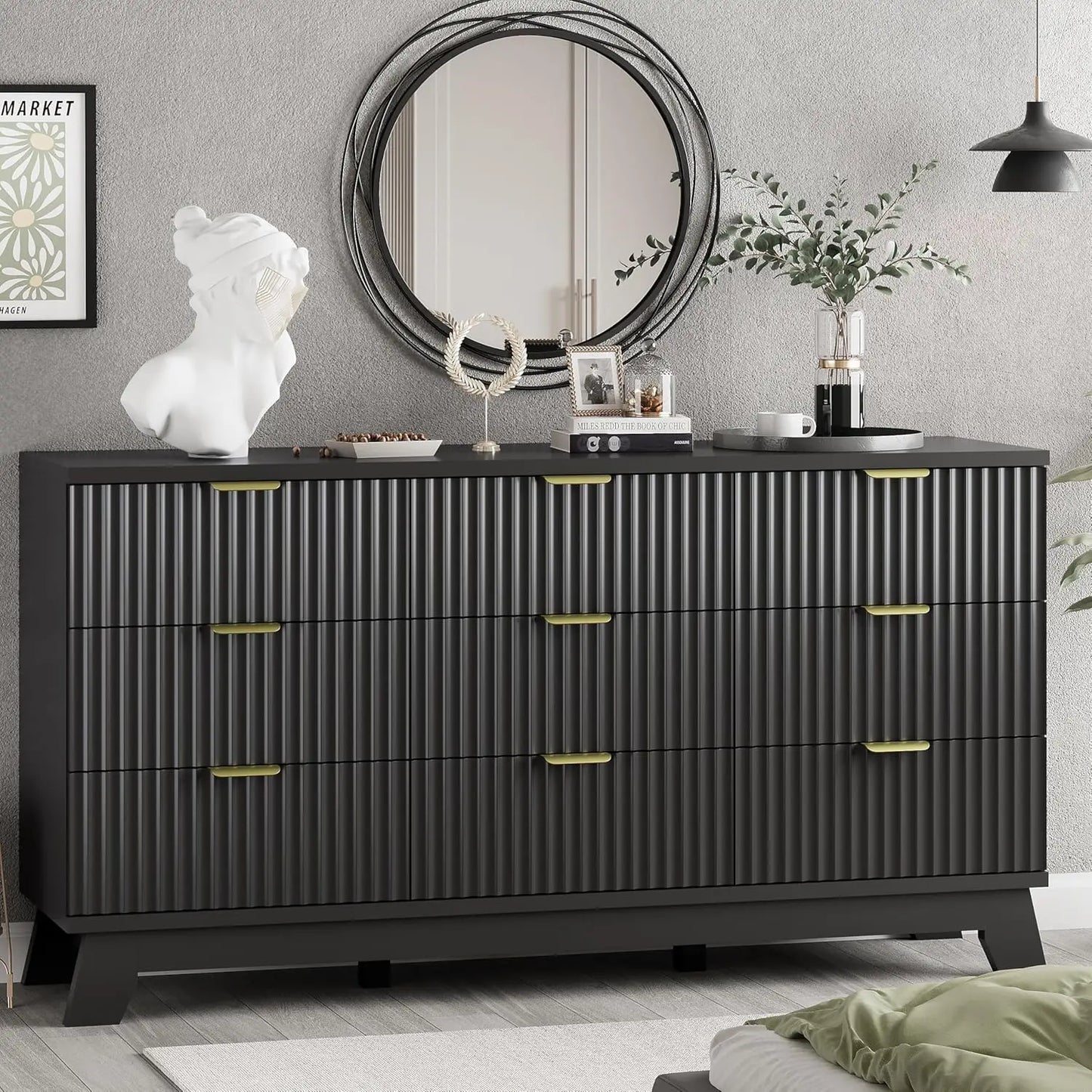 Fluted 9-Drawer Dresser In Oak Wood With Metal Handles