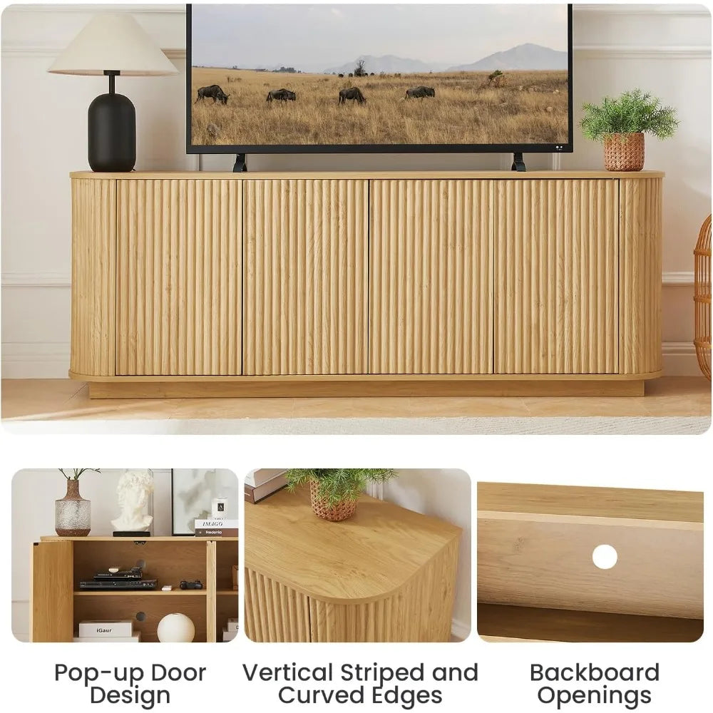 Fluted Wooden Sideboard Buffet Cabinet With Adjustable Shelves