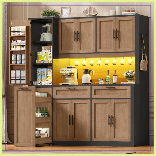 71" Kitchen Pantry Cabinet with Charging Station & LED Light, Storage Cabinet with Microwave Stand, 3-Tier Cart, Brown