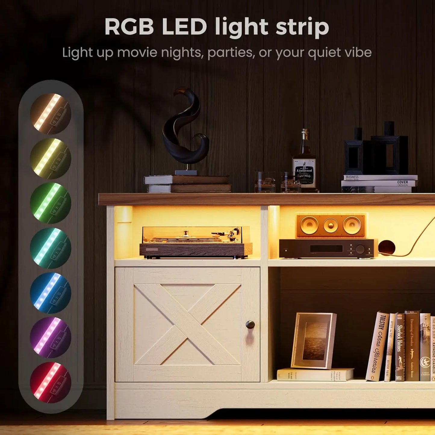Farmhouse TV Stand with Power Outlet LED Light Storage Cabinets for Living Room Bedroom White, Customized