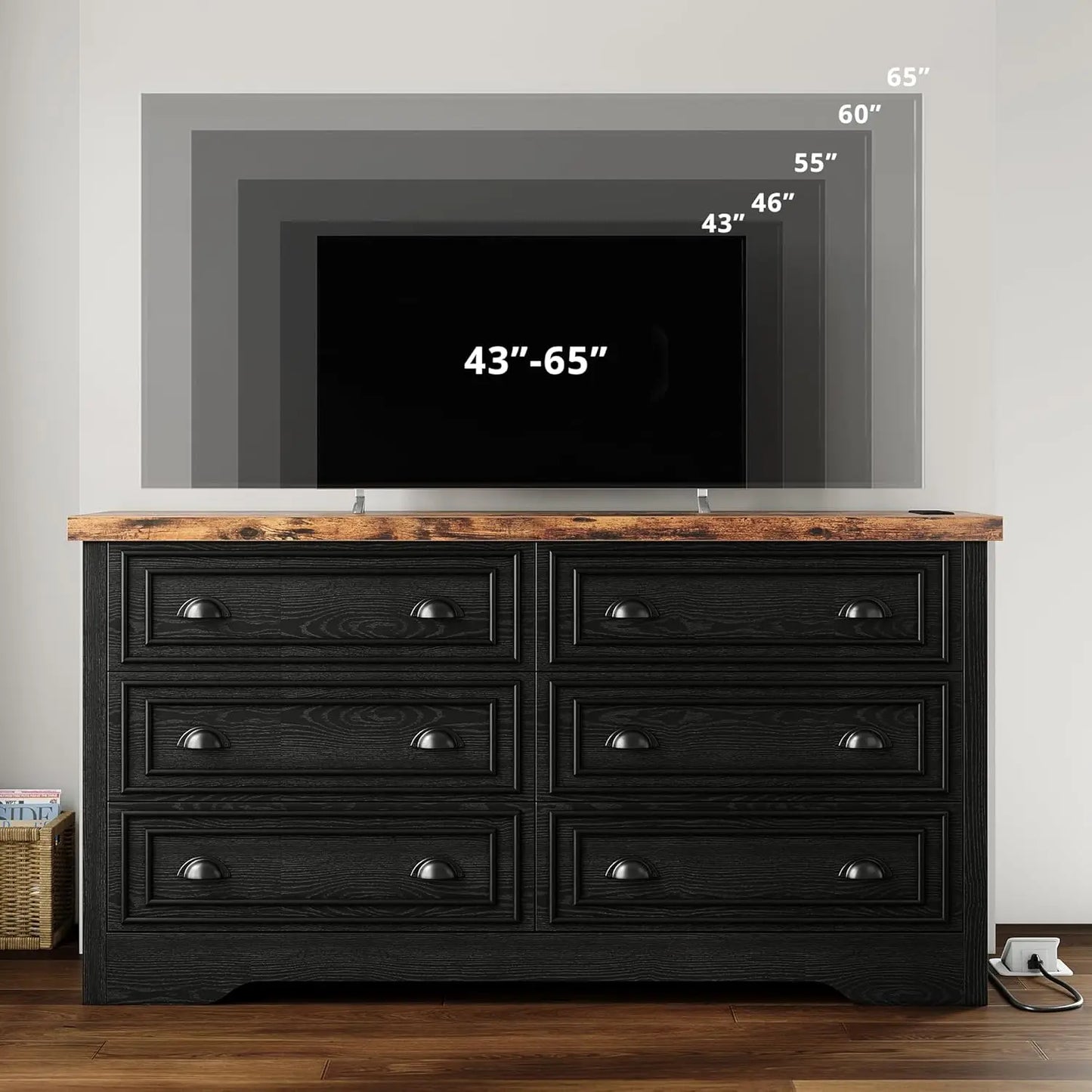 6-Drawer Farmhouse Wood Dresser With Power Strip Storage