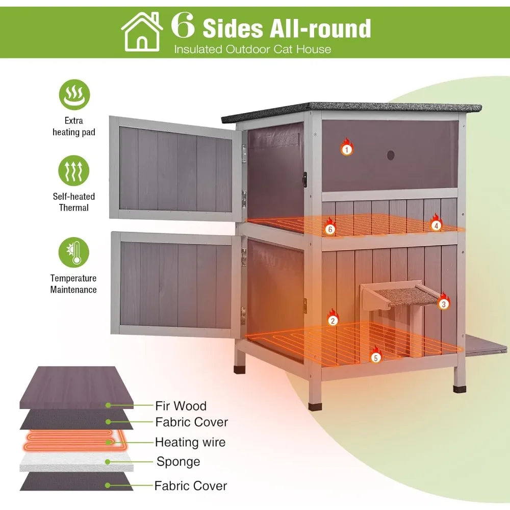 Insulated Outdoor Cat Shelter With Heated Pad, Weatherproof, Two-Story