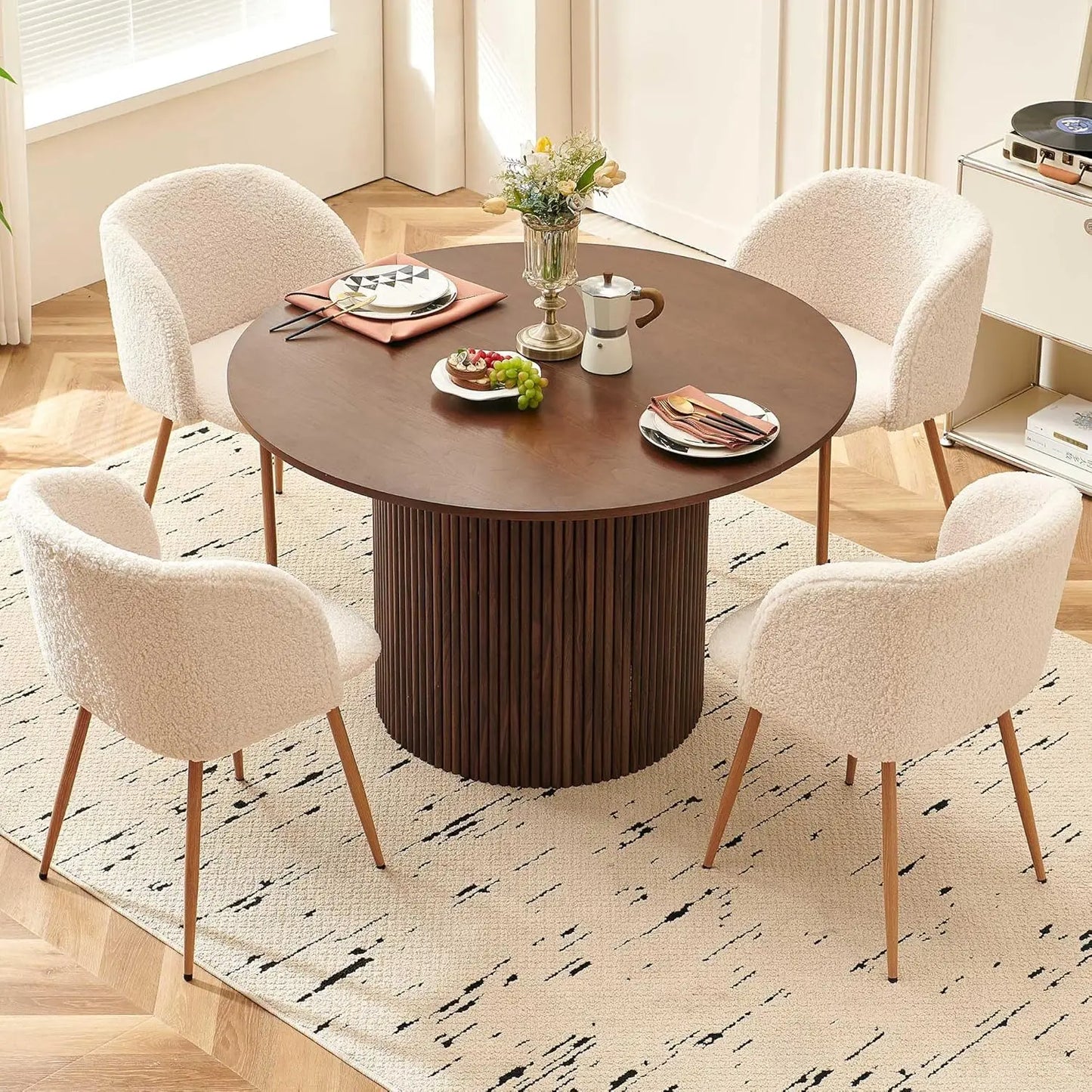 Rustic Walnut Round Dining Table Set For Four Sherpa Chairs