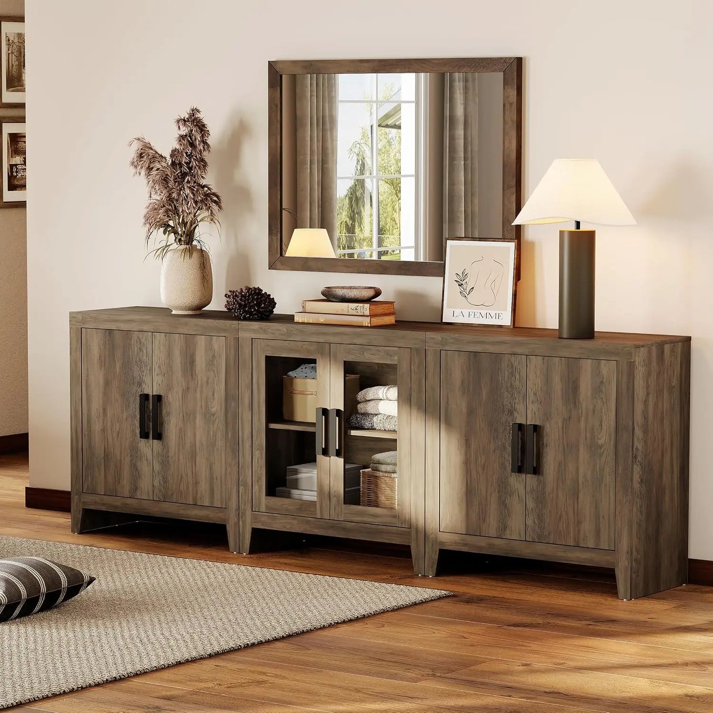 Farmhouse TV Stand for TVs up to 85 Inch, 3-Piece Modular Entertainment Center with Glass and Wood Doors, Media, Customized