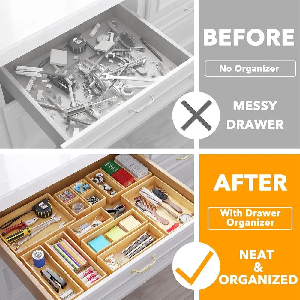 14-Piece Bamboo Drawer Organizer Storage Boxes Set, Multi-Use Divider Bins for Kitchen, Bathroom, Office Desk, Makeup Organizati