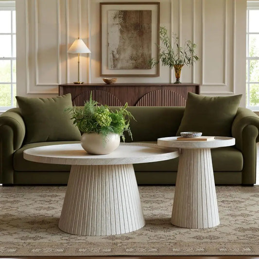 Nesting Coee Table Set o 2, ern luted Coee Table with aux Stone Veneer, Travertine Round Tea Table