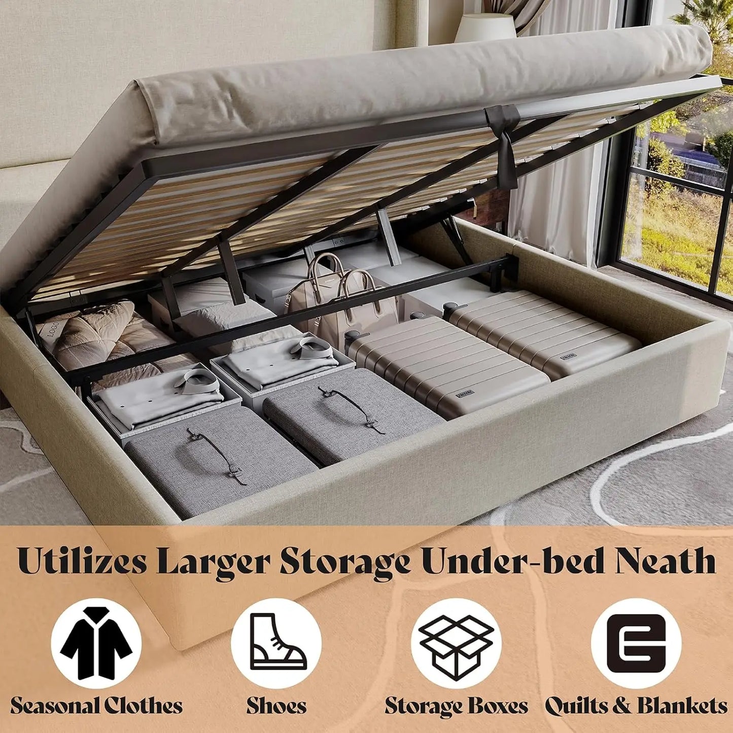 Lift Storage Upholstered Bed Platform Frame With Hydraulic Headboard