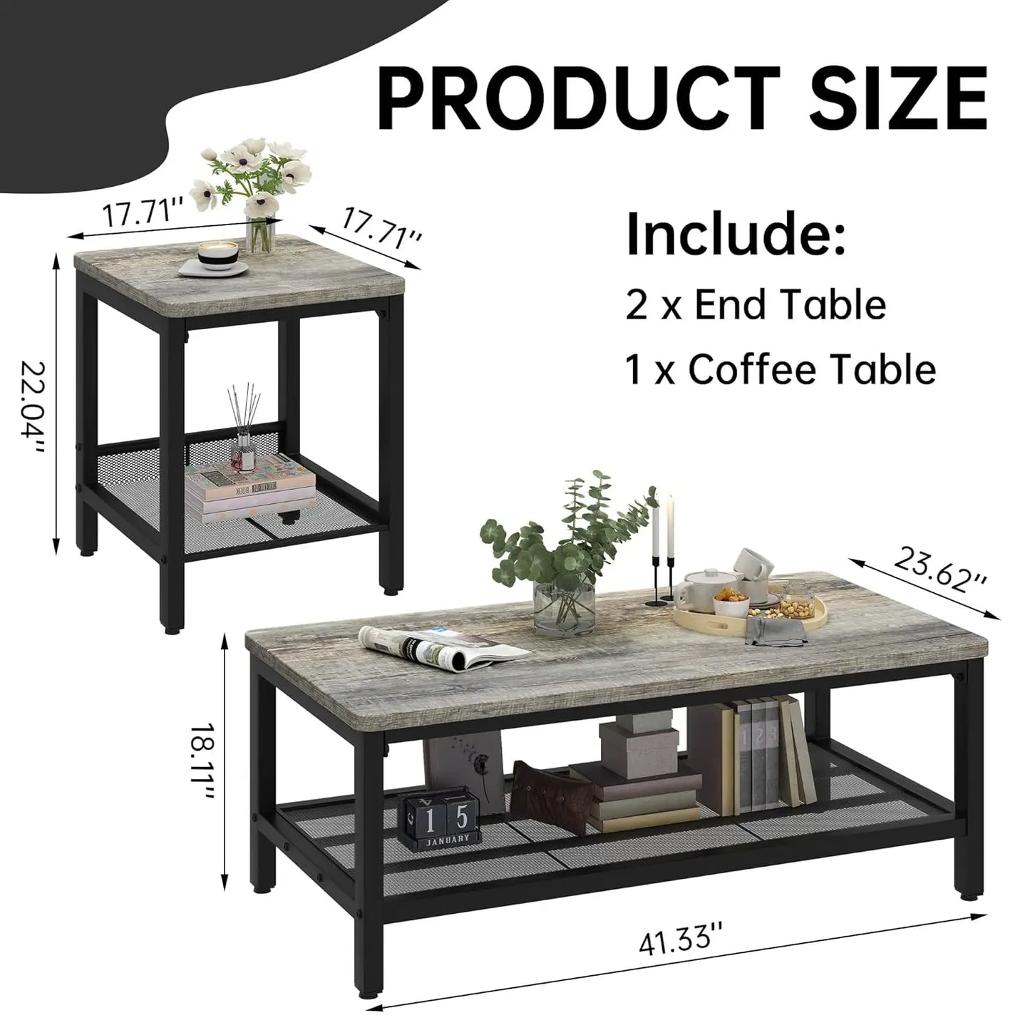 Industrial Coffee Table Set of 3 With Adjustable Legs