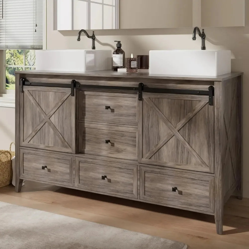 Bathroom Vanity with Sink, 60 Inch Bathroom Vanity Double Sink Ceramic, Freestanding Cabinet, Grey Wood Grain