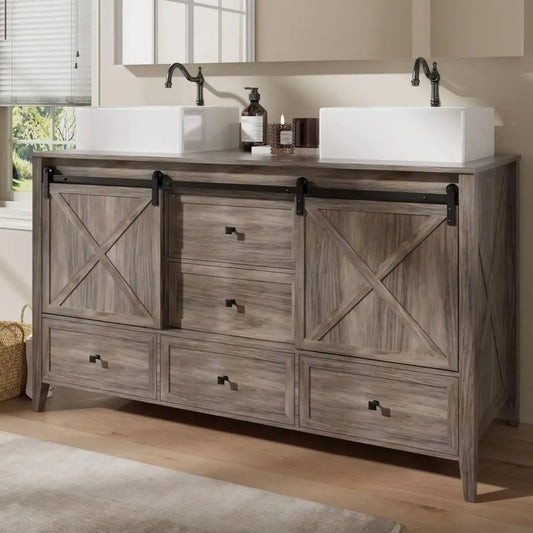 Bathroom Vanity with Sink, 60 Inch Bathroom Vanity Double Sink Ceramic, Freestanding Cabinet, Grey Wood Grain