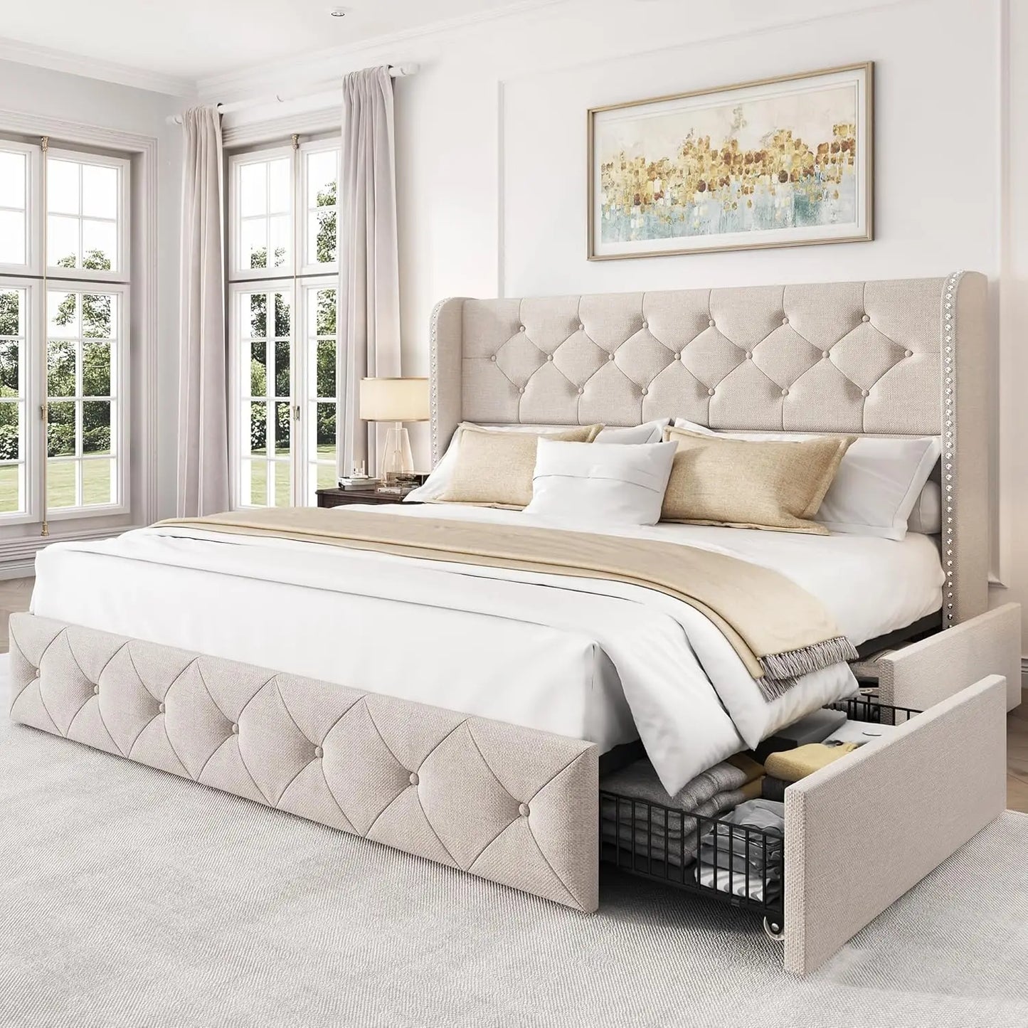 Upholstered Queen Size Bed Frame with 4 Storage Drawers and 47.2" Tall Wingback Headboard Tufted Platform Bed Frame, Customized