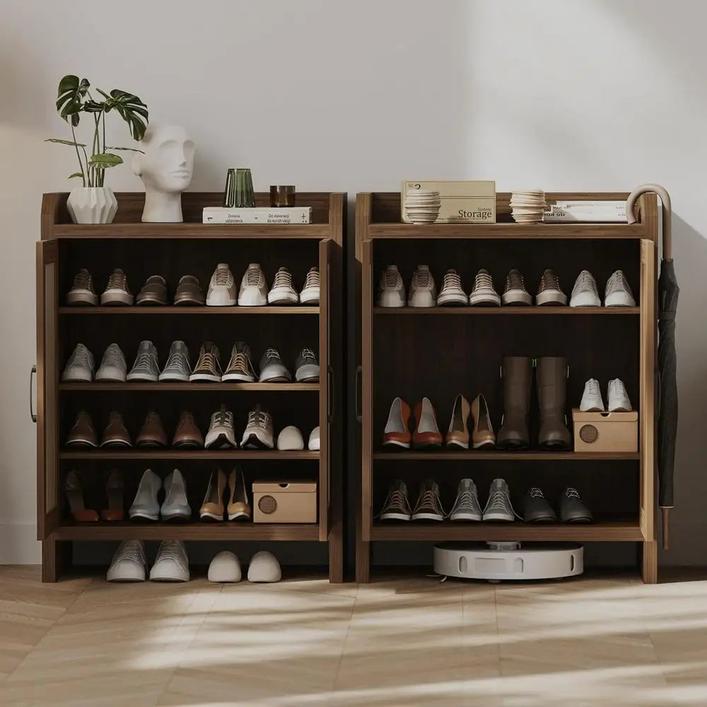 RBXC Shoe Cabinet Entryway Organizer Natural Rattan Wood