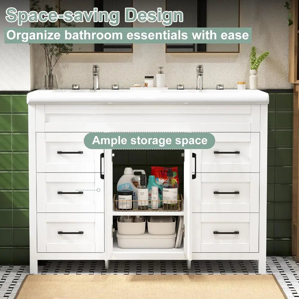48 Inch Bathroom Vanity with Sink, Bathroom Vanity Cabinet with Doulble Sink, Bath Vanities with 2 Doand 4 Ders, White (20" D x