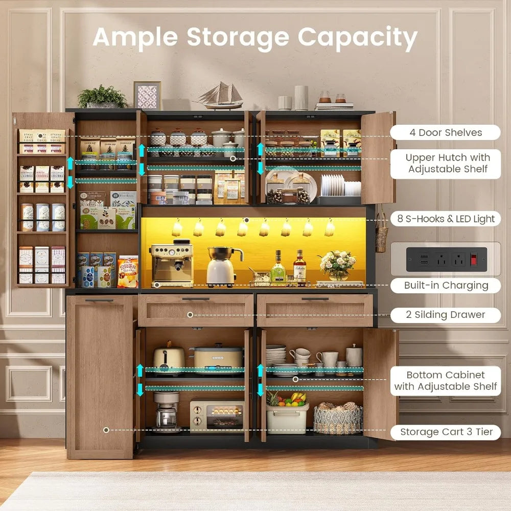 71" Kitchen Pantry Cabinet with Charging Station & LED Light, Storage Cabinet with Microwave Stand, 3-Tier Cart, Brown