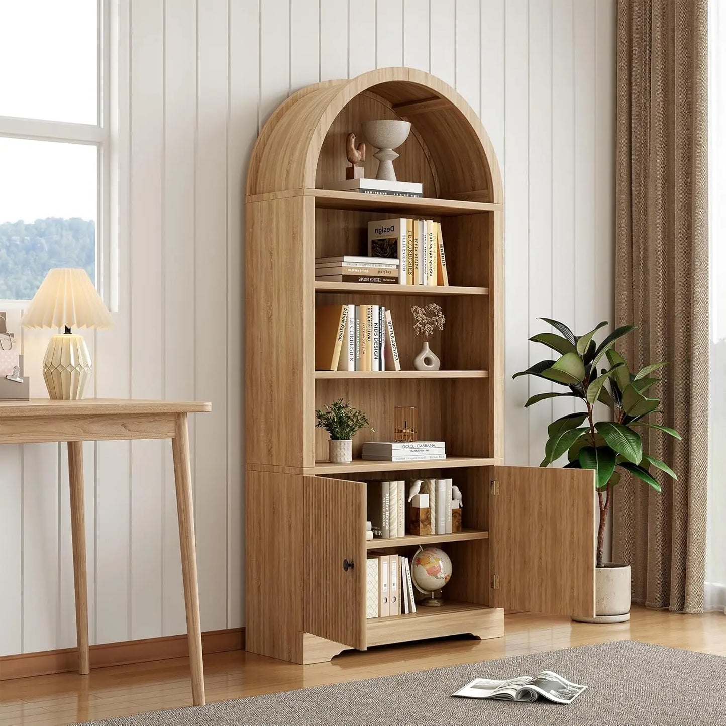 Arched Bookcase With Storage Door 6 Tier Freestanding Cabinet Farmhouse