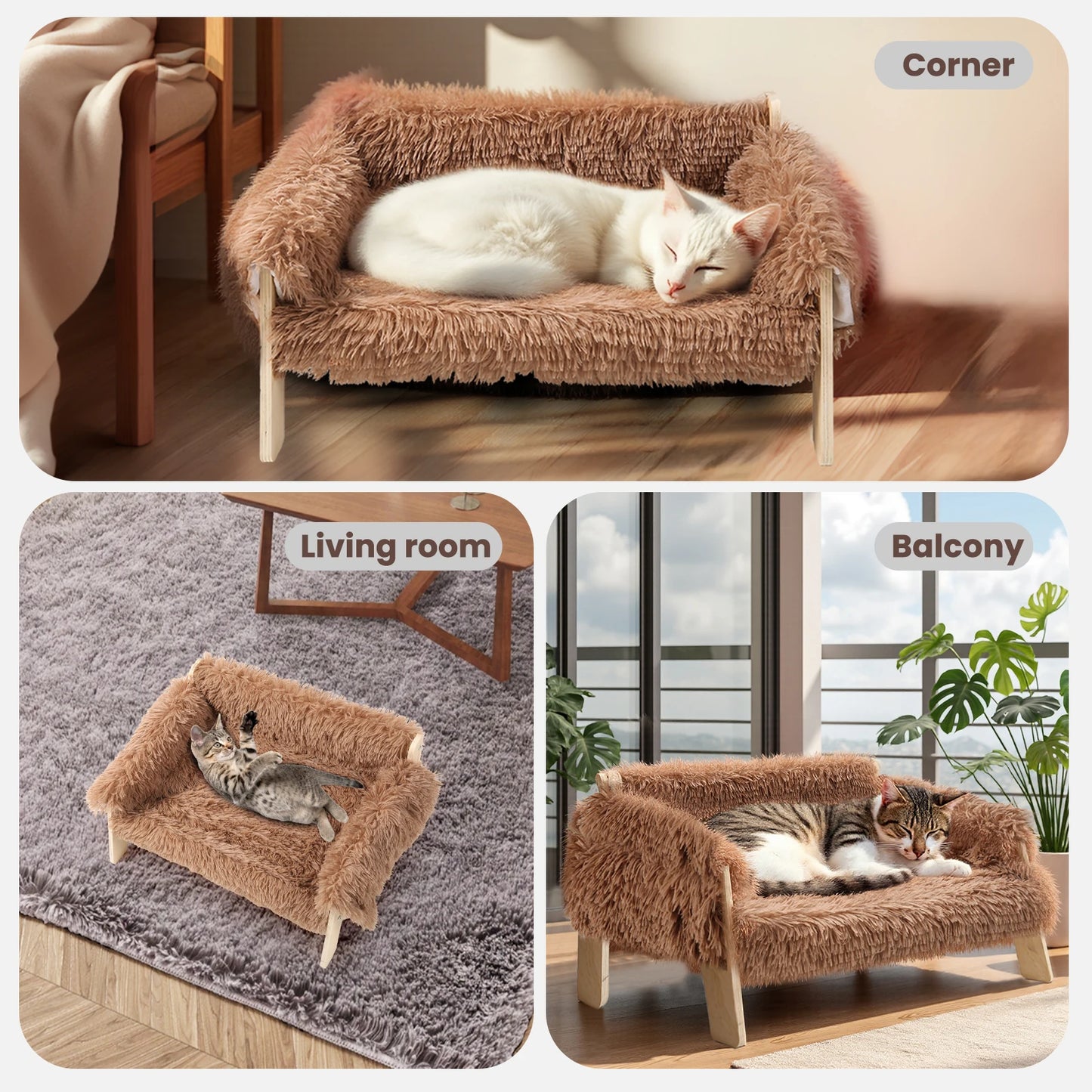 Wooden Raised Cat Bed With Plush Sofa For Indoor Cats