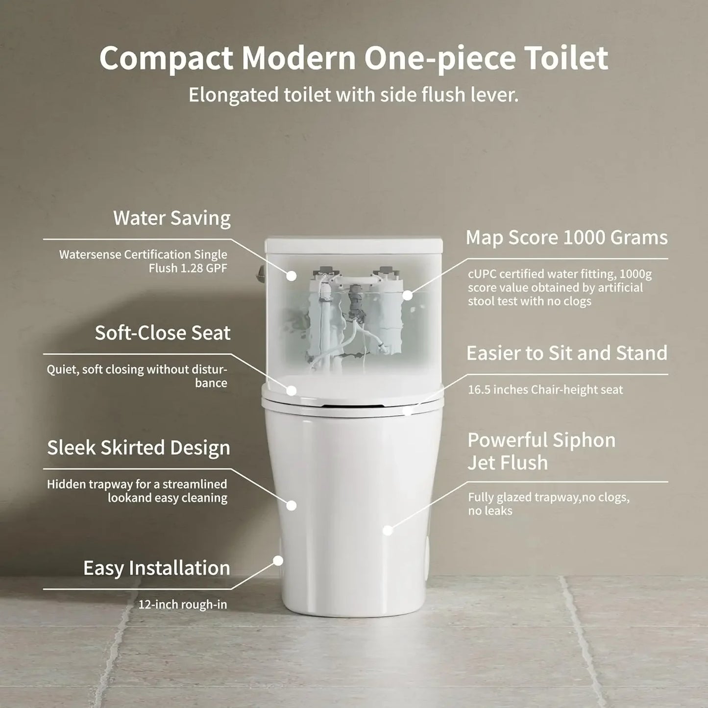 KE KING One Piece Toilet with Powerful Flush, Compact Toilet Elongated Side Lever Flush 1.28 GPF, Sleek Design, Customized
