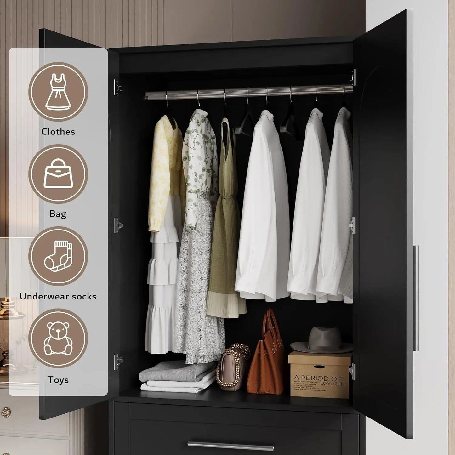 Frame Wooden Armoire Wardrobe Closet With Drawers And Hanging Rod