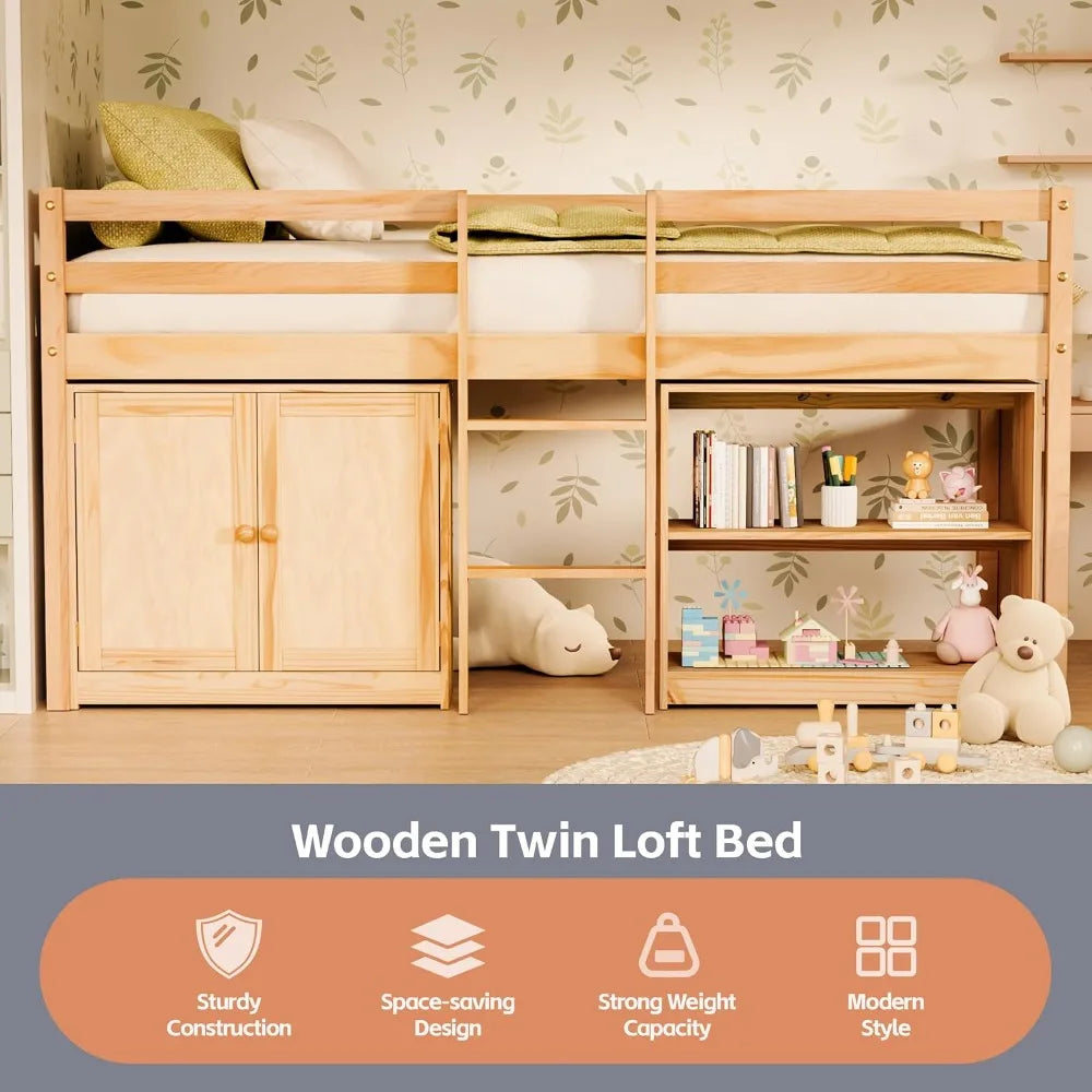 Low Loft Bed With Led Lights, Storage Cabinet And Guardrail