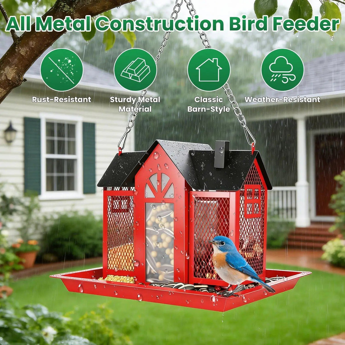 Metal Hanging Bird Feeder House Classic Barn Bird Feeder House Iron Hanging Outdoor Feeder with Visible Window and Lift Top Lid The Pet & Home Store