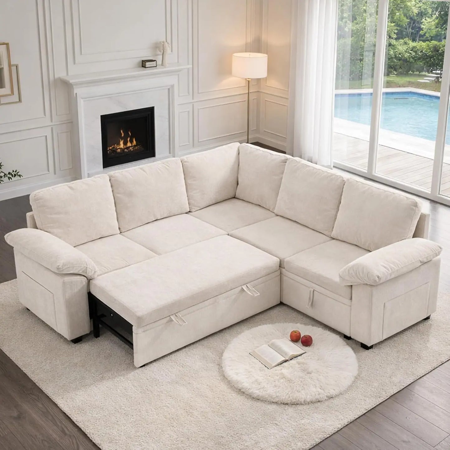 86 Inch Sectional Sleeper L Shaped Sofa with Pull Out Bed, Modular Sectional Sofa with Storage, Modern Chenille 5, Customized