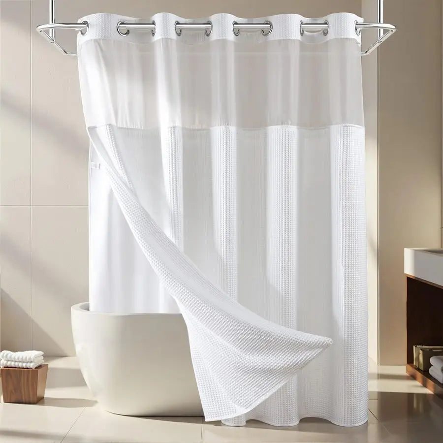 White Fabric Shower Curtain Set With Cotton Blend Waffle Weave
