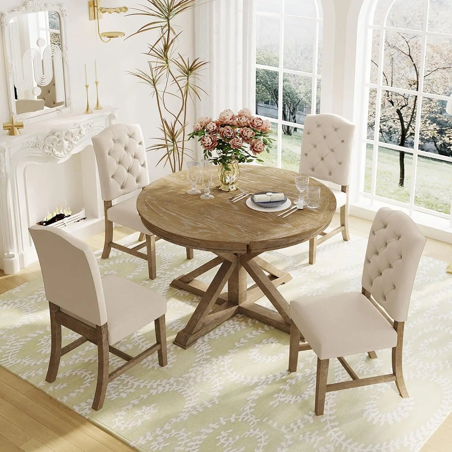 Solid Wood Dining Set With Extendable Table And Upholstered Chairs