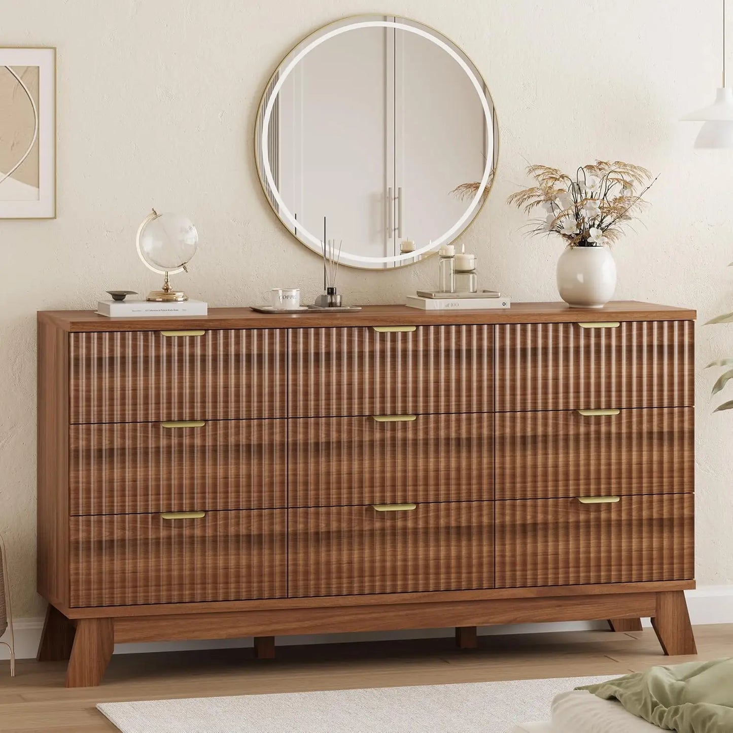 Fluted 9-Drawer Dresser In Oak Wood With Metal Handles