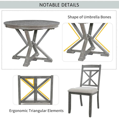 5-Piece Retro Functional Dining Table Set Extendable Round Table and 4 Upholstered Chairs for Dining Room and Living Room (Grey)