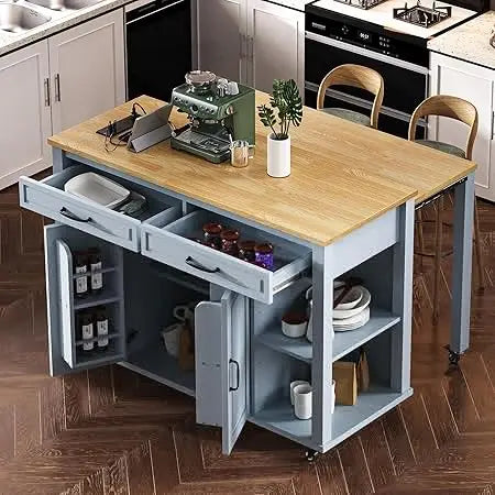 DAFIFY Kitchen Island On Wheels With Power Outlet Extendable Table