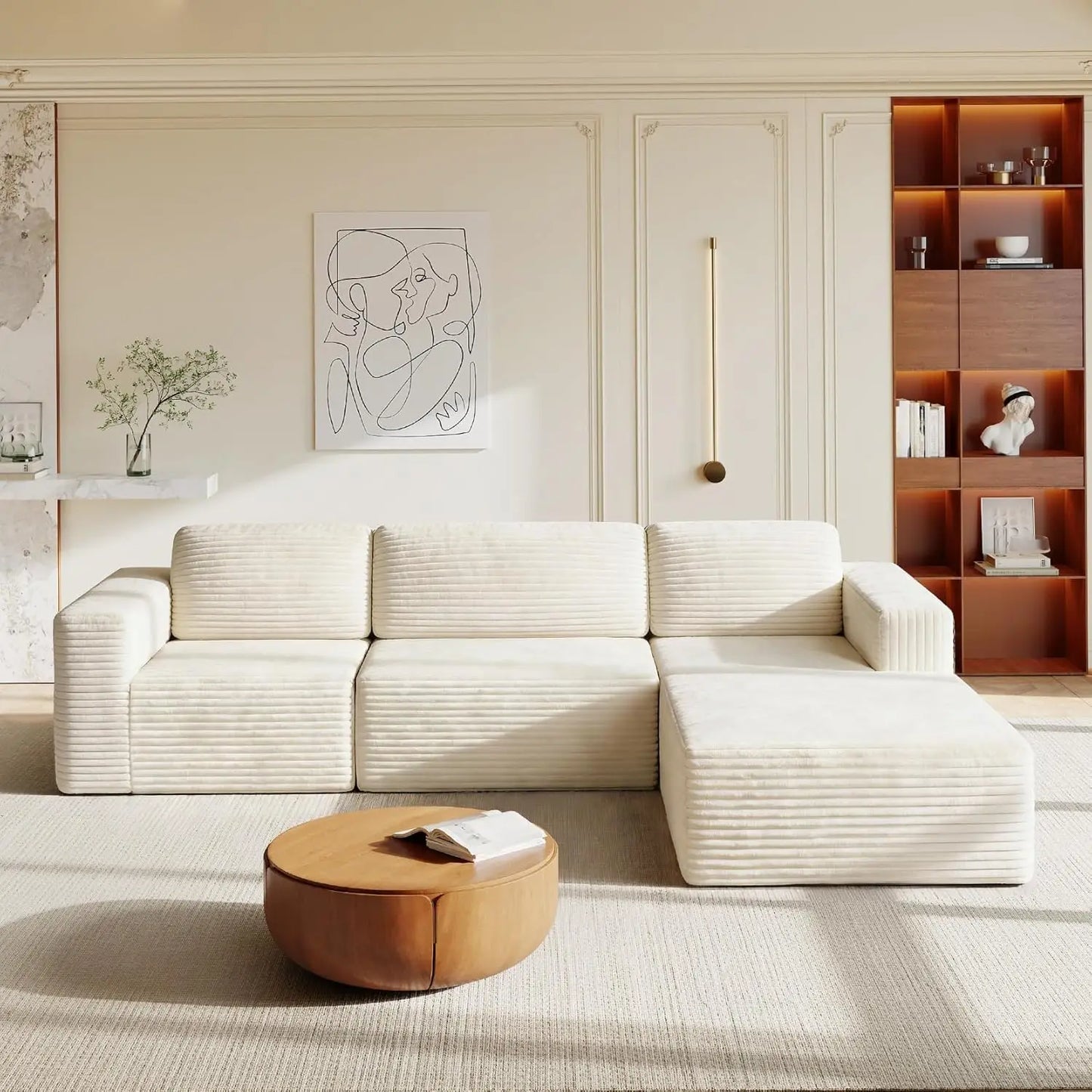 Corduroy L-Shape Modular Sofa With Movable Ottoman Sectional