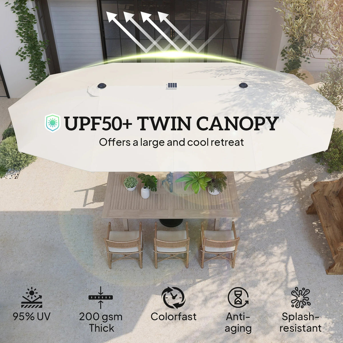 15ft Patio Umbrella Solar Lights UPF50+ Outdoor Umbrella Cream The Pet & Home Store