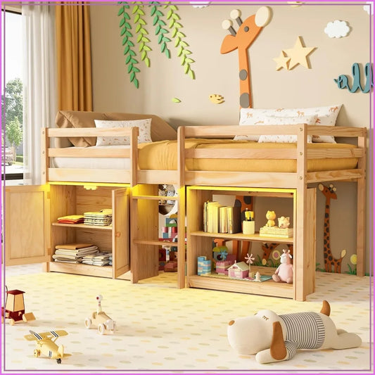 Low Loft Bed With Led Lights, Storage Cabinet And Guardrail