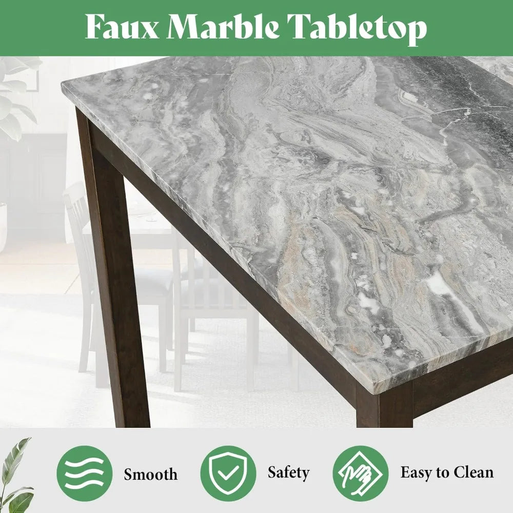 7-Piece Dining Set, 71" Faux Marble Table, 6 PU Chairs, Solid Wood, Dark Brown