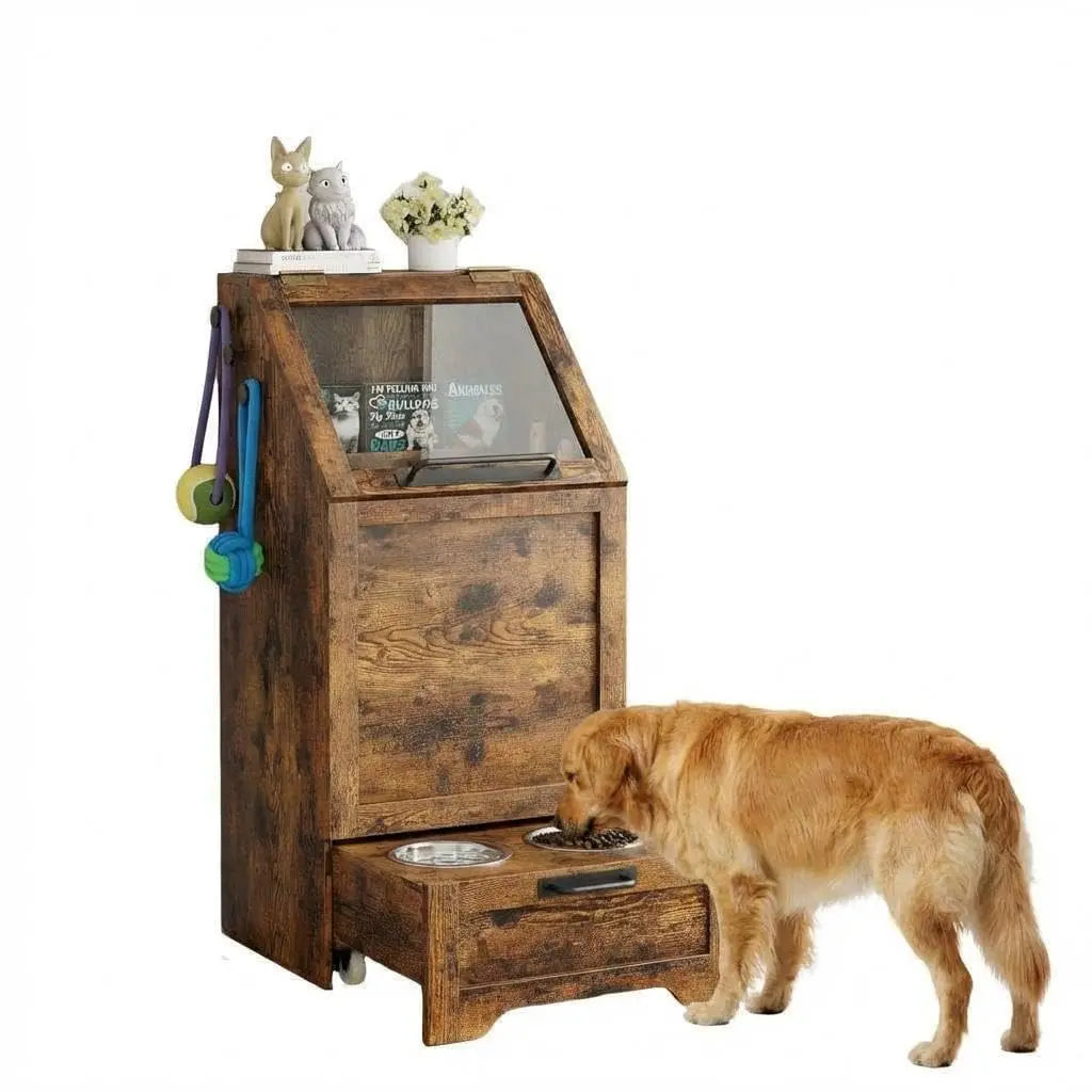 HiMISS Dog Feeding Station With Storage Cabinet And Raised Bowls