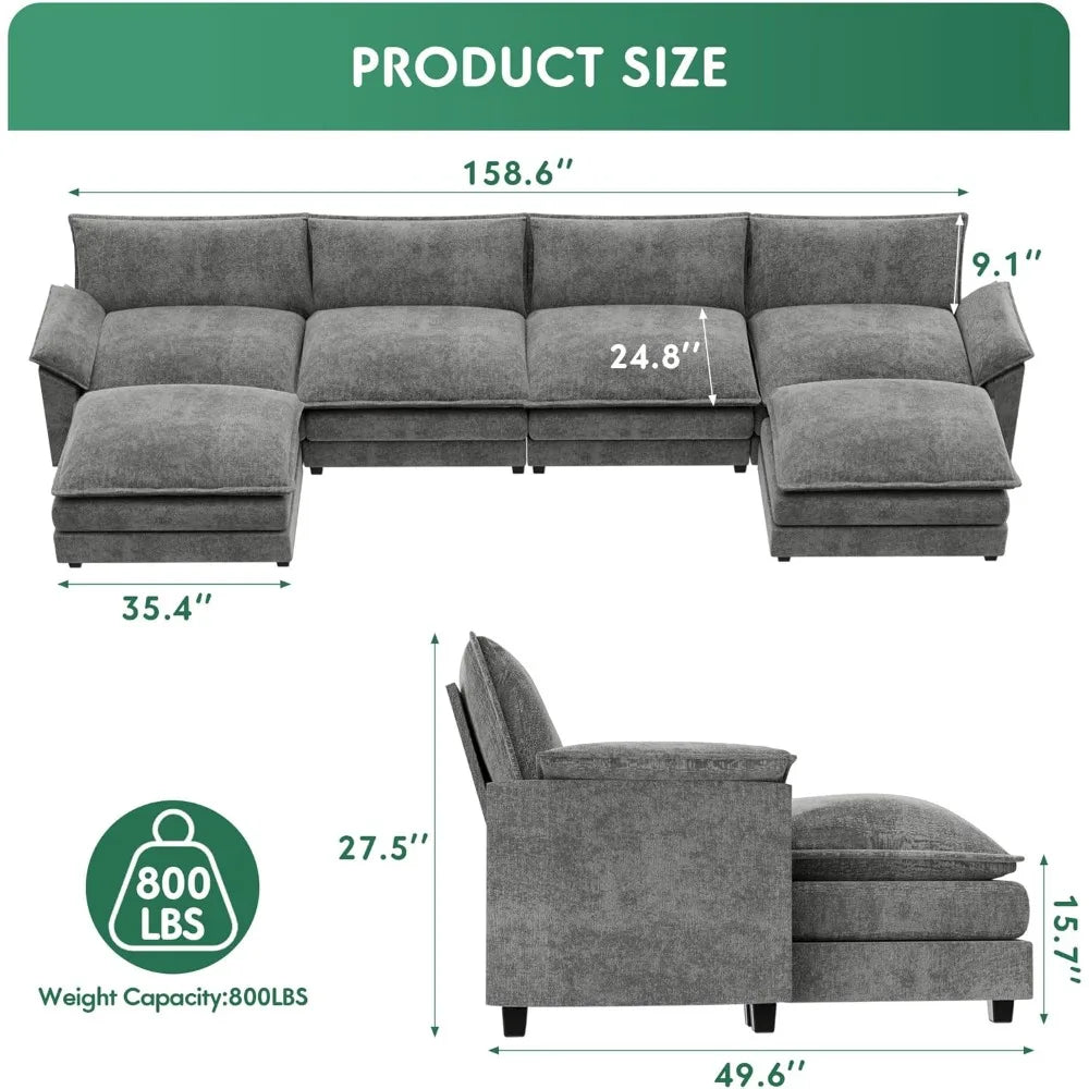 Modular Sectional Sofa U Shaped Chenille Couch Sleeper Removable Ottoman