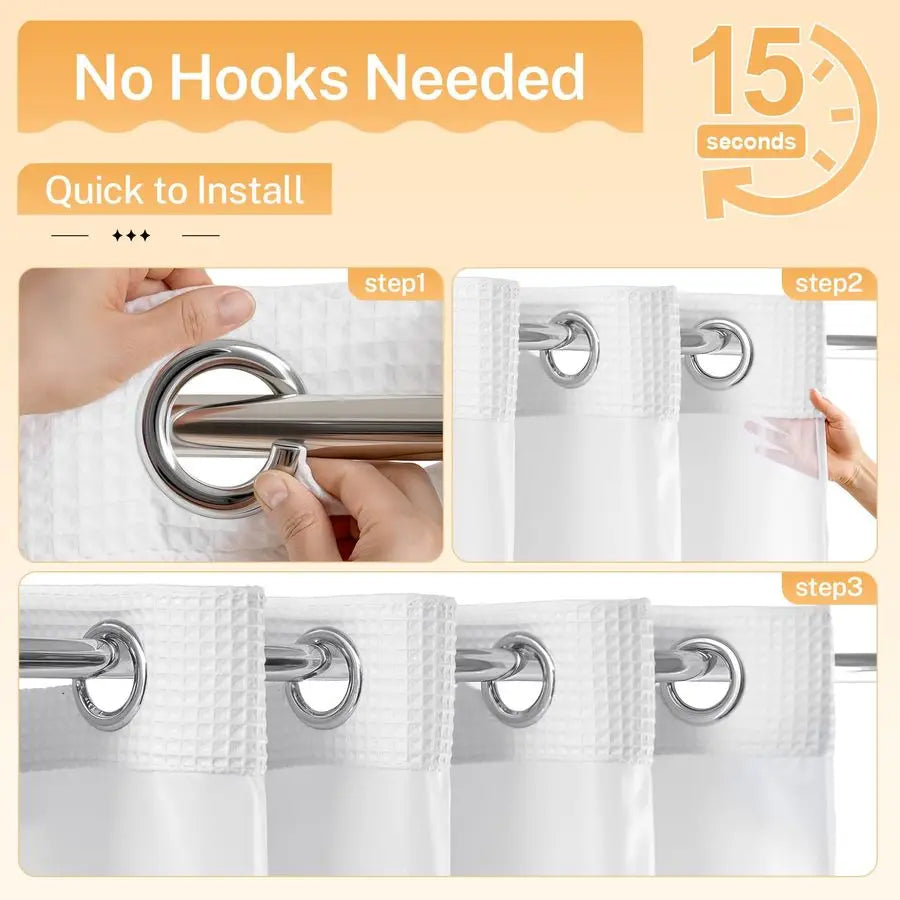 White Fabric Shower Curtain Set With Cotton Blend Waffle Weave