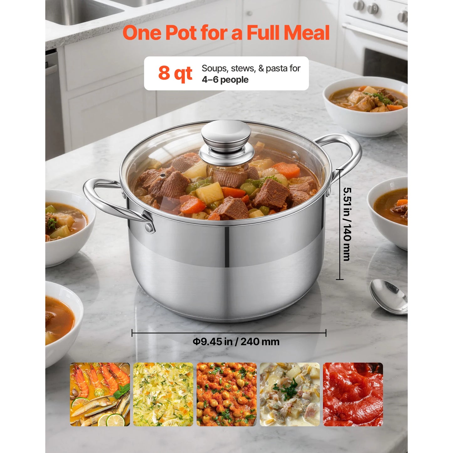 SucceBuy 8/12/16 Qt Stainless Steel Stock Pot with Glass Lid PFOA-Free Compatible with Gas Stoves Induction Cooktops for Soups
