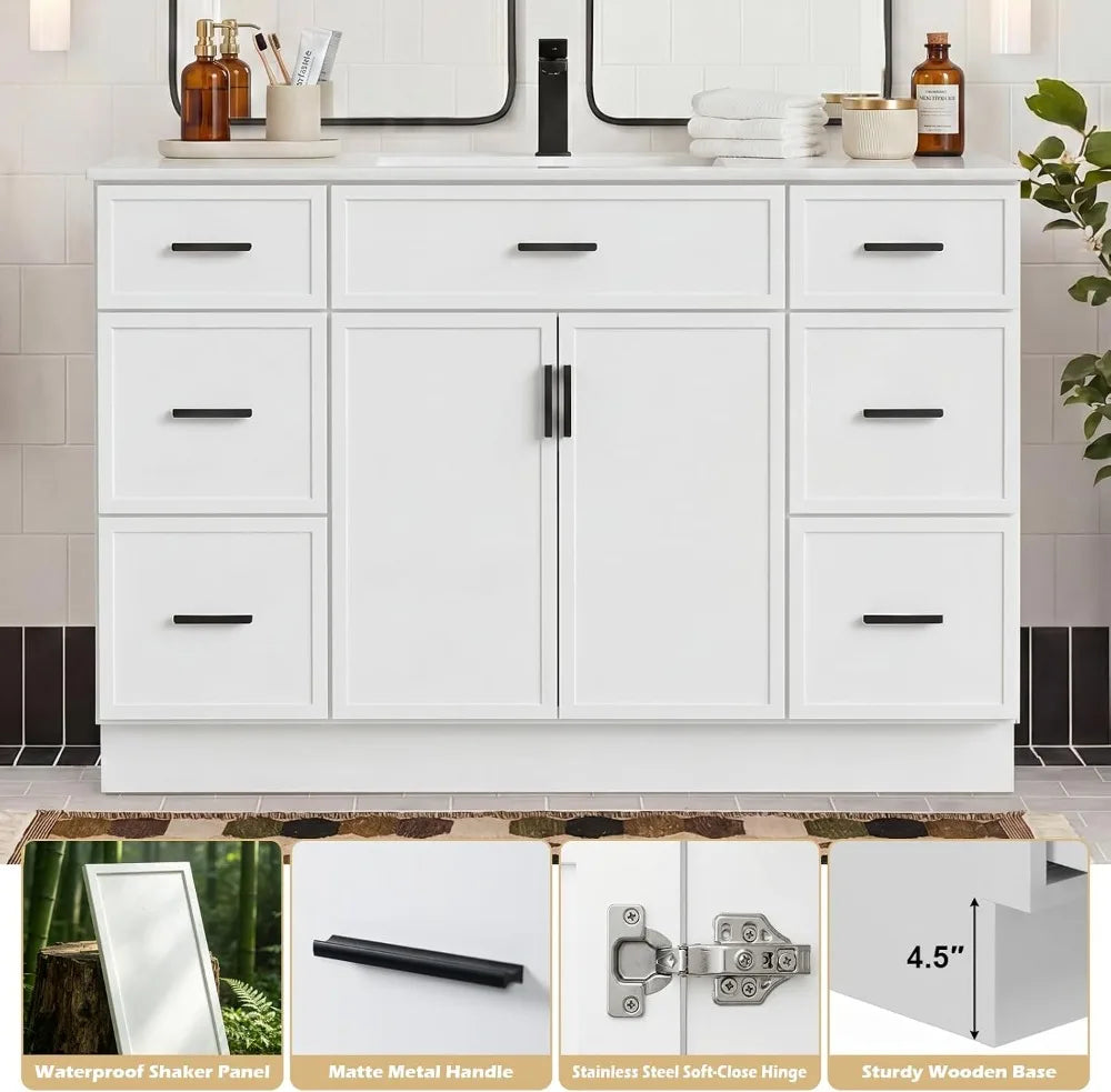 48" Bathroom Vanity with Sink, Farmhouse Cabinet, 2 Soft Close Doors & 6 Drawers, White