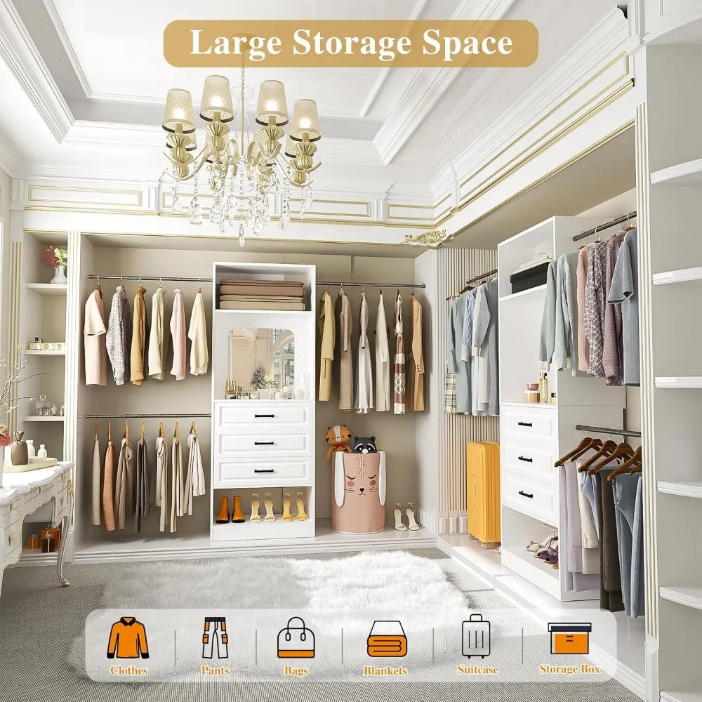 48"-96" Adjustable Closet Organizer System with Mirror, Drawers, Hanging Rod, and Tower for Heavy-Duty Clothing Storage, White