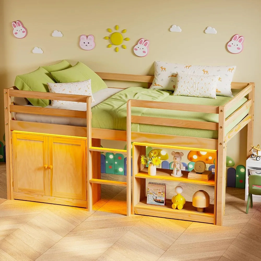 Low Loft Bed With Led Lights, Storage Cabinet And Guardrail
